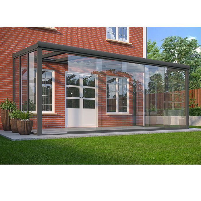4x3m Rainclear Aluminium Garden Room - Anthracite Grey - 2 Posts - 5 Glass Roof-Panels and Sliding doors