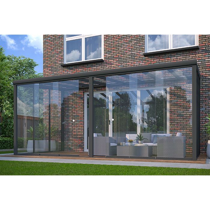 6x3m Rainclear Aluminium Garden Room - Anthracite Grey - 3 Posts - 8 Glass Roof-Panels and Sliding doors
