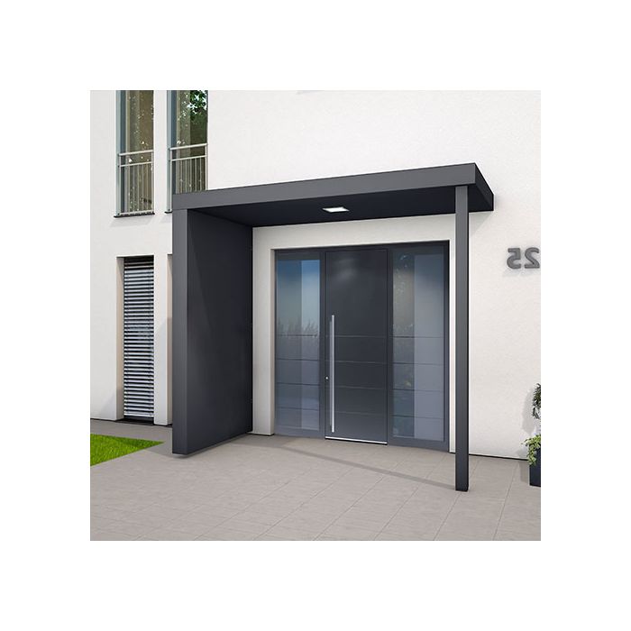 BS250PLUS (125mm projection) Aluminium Canopy with Post, Side Panel with Drainage, and LED light - 250x125cm - RAL7016 Anthracite Grey