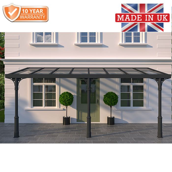 6x3m Heritage Rainclear Aluminium Veranda - Anthracite Grey - 3 Posts - Glass Roof Panels