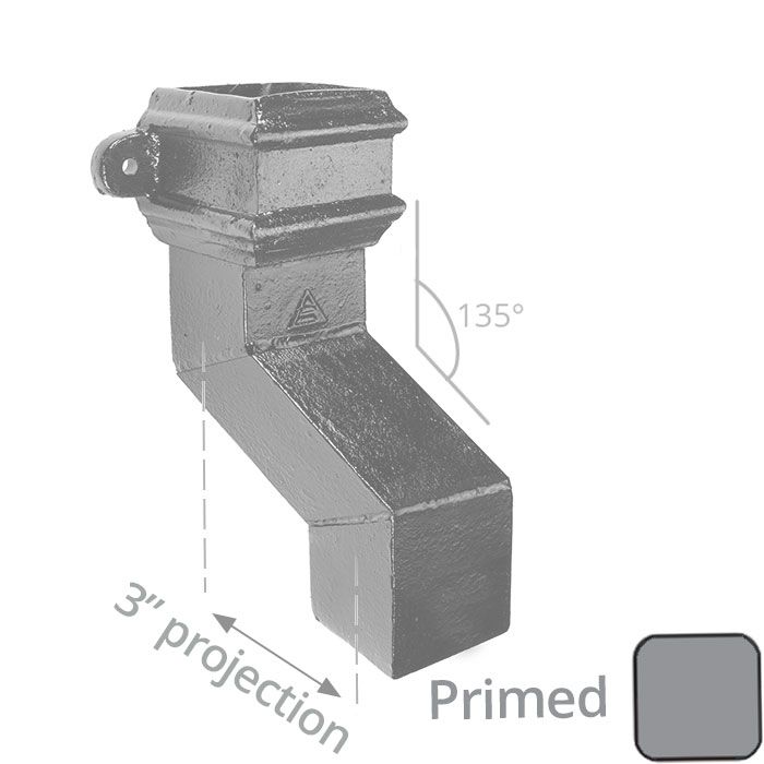 Cast Iron 100 x 75mm (4"x3") Square Downpipe 135 Degree Plinth Offsets with Ears (76mm Offset) - Primed