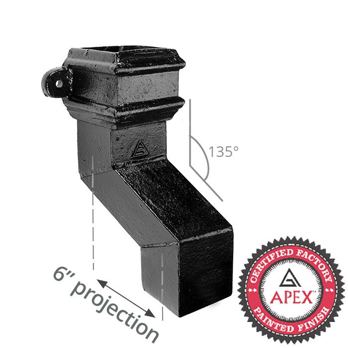Cast Iron 100 x 75mm (4"x3") Square Downpipe 135 Degree Plinth Offset with Ears (152mm Offset) - Black