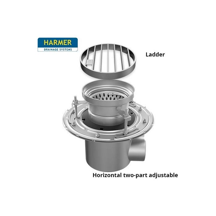 110mm Stainless Steel Horizontal Two Part  Drain - comes with 255mm Circular Ladder Grate 