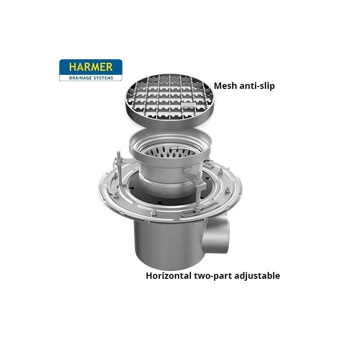 110mm Stainless Steel Horizontal Two Part  Drain - comes with 255mm Circular Mesh Anti Slip Grate 