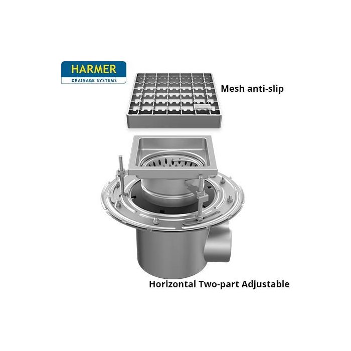 110mm Stainless Steel Horizontal Two Part Drain - comes with 250mm Square Mesh Anti Slip Grate 