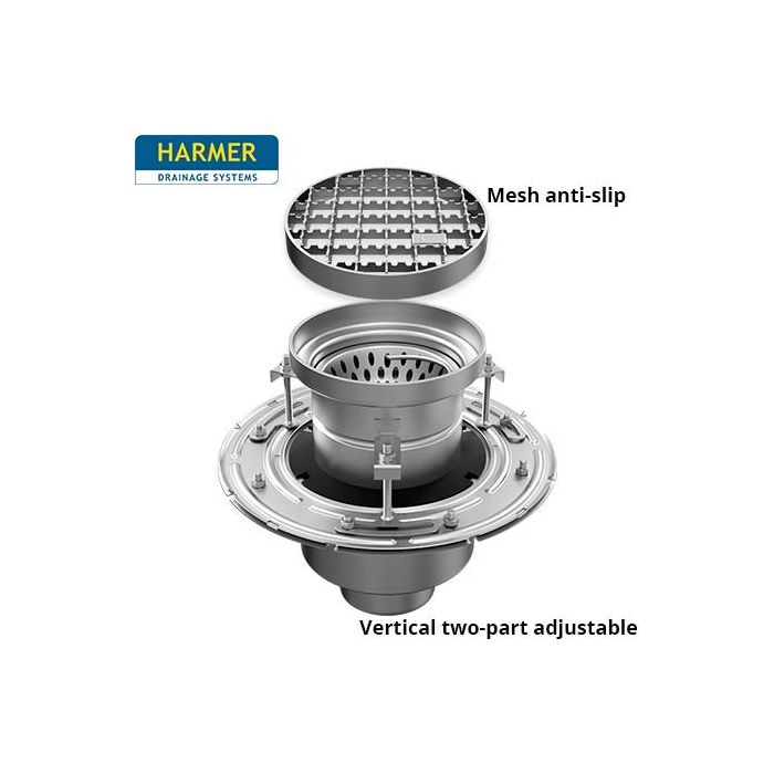 110mm Stainless Steel Vertical Two Part Drain - comes with 200mm Circular Mesh Anti Slip Grate 
