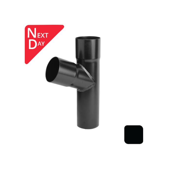 63mm (2.5") Round Swaged and Mitred Aluminium Downpipe 112 Degree Branch without Ears - RAL 9005m Matt Black- Manufactured by Alumasc - buy online from Rainclear Systems