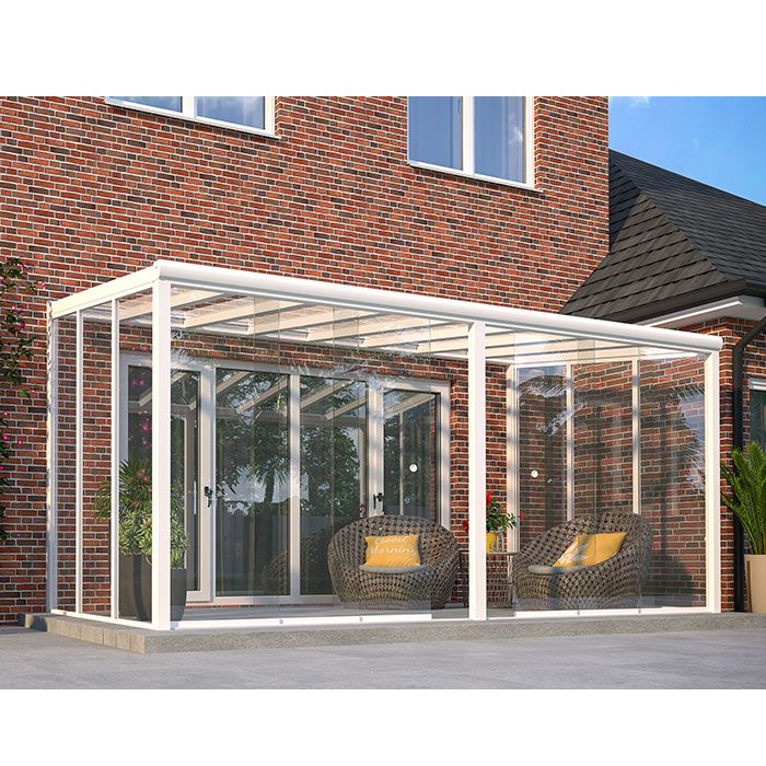6x3m Rainclear Aluminium Garden Room - White - 3 Posts - 8 Glass Roof-Panels and Sliding doors