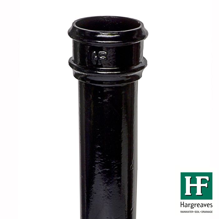 75mm (3") Hargreaves Foundry Cast Iron Round Downpipe without Ears - 610mm (2ft) - Pre-Painted Black