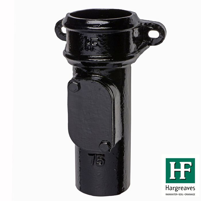 65mm (2.5") Hargreaves Foundry Cast Iron Round Downpipe Access Pipe with Ears - Oval Door - Pre-Painted Black