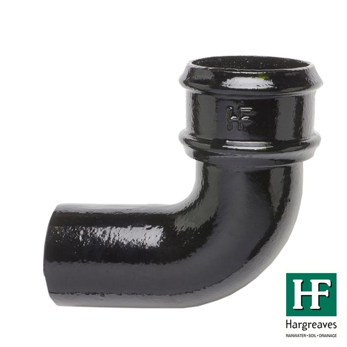 65mm (2.5") Hargreaves Foundry Cast Iron Round Downpipe 92.5 degree Bend without Ears - Pre-Painted Black