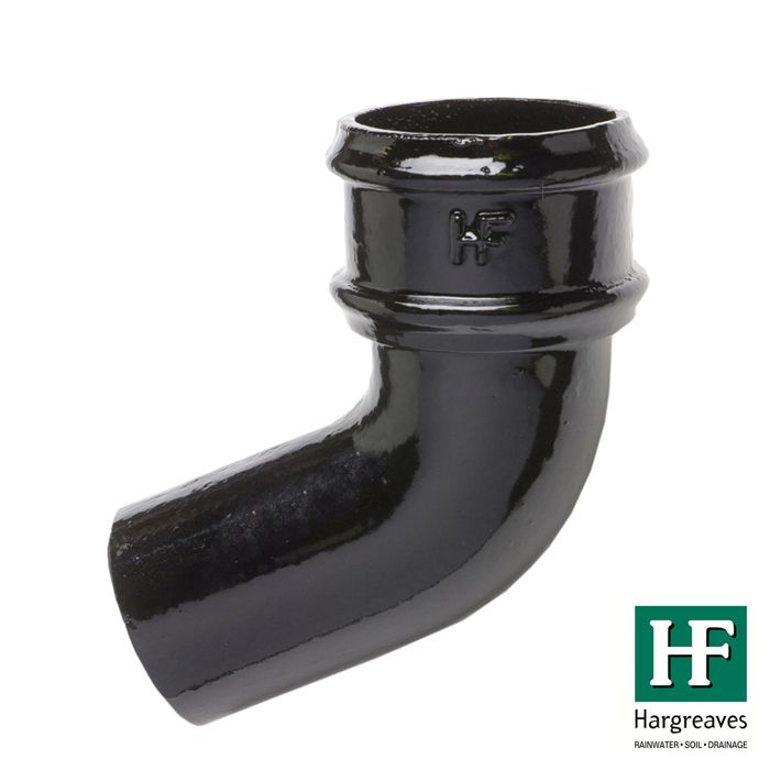 65mm (2.5") Hargreaves Foundry Cast Iron Round Downpipe 112.5 degree Bend without Ears - Pre-Painted Black