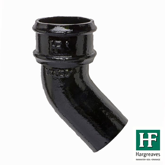 100mm (4") Hargreaves Foundry Cast Iron Round Downpipe 135 degree Bend without Ears - Pre-Painted Black