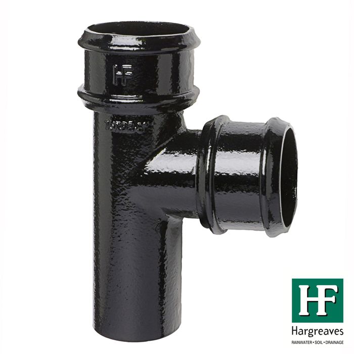 150mm (6") Hargreaves Foundry Cast Iron Round Downpipe 92.5 degree Branch without Ears - Pre-Painted Black