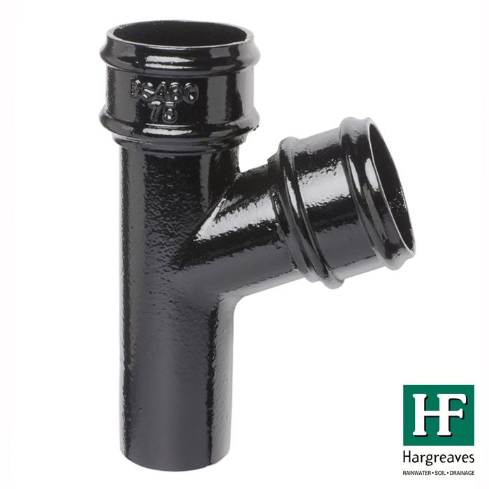 65mm (2.5") Hargreaves Foundry Cast Iron Round Downpipe 112.5 degree Branch without Ears - Pre-Painted Black