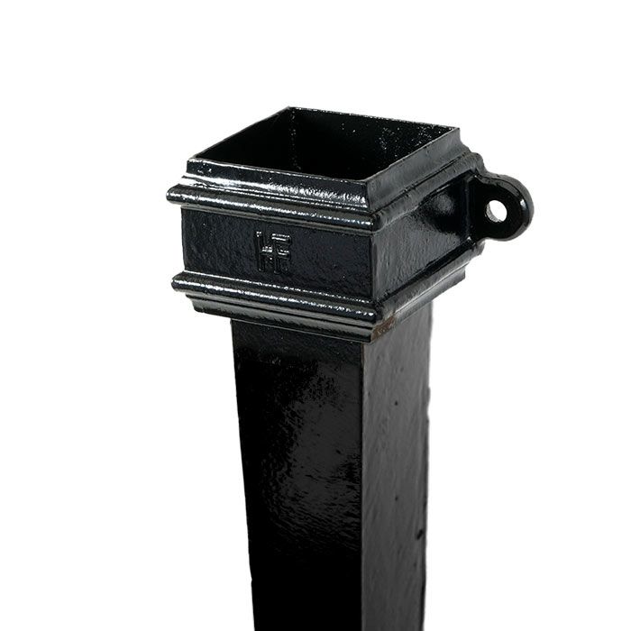 75x75mm (3"x3") Hargreaves Foundry Cast Iron Square Downpipe with Ears - 1.83m (6ft) - Pre-painted Black