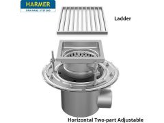 110mm Stainless Steel Horizontal Two Part Drain - comes with 250mm Square Ladder Grate 