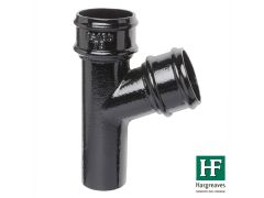 100mm (4") Hargreaves Foundry Cast Iron Round Downpipe 112.5 degree Branch without Ears - Pre-Painted Black