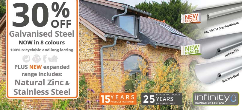30% off Galvanised Steel and colour coated steel gutters downpipes and fittings