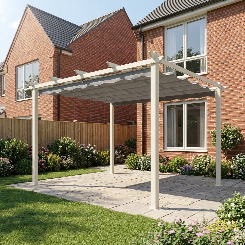 White freestanding aluminium pergola with a grey retractable canopy