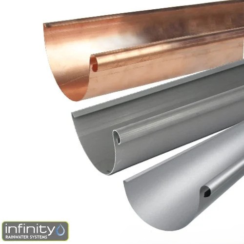 Copper gutter, quartz zinc gutter and natural zinc gutter on white backeground