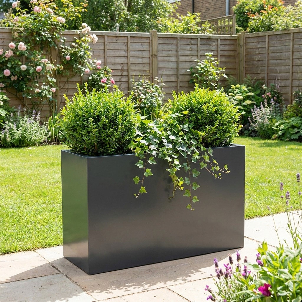 Anthracite grey trough-style garden planter full of greenery in a UK back garden
