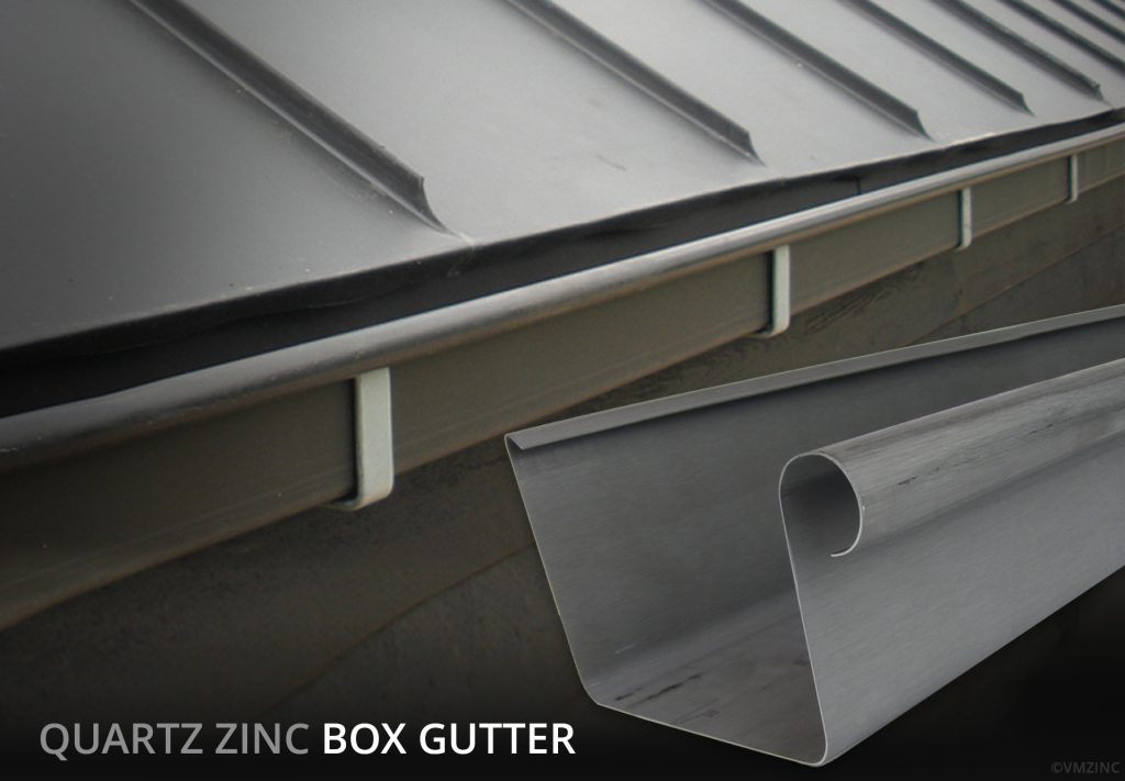 VMZinc Quartz Zinc Box Gutter in situ iamge and Rainclear's image of the Box Gutter porfile from stock, plus the words 'Quartz Zinc Box Gutter