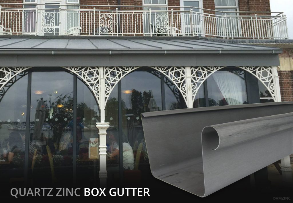 VMZinc Quartz Zinc Box Gutter in situ on a cafe's conservatory image, plus Rainclear's image of the Box profile gutter from stock on the right and the words 'Quartz Zinc Box Gutter' aalong the bottom of the image 