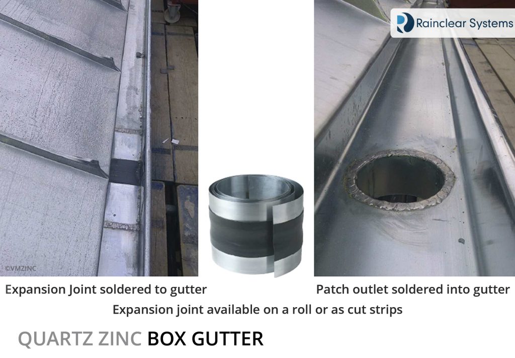 Expansion Joint soldered to gutter - Expansion joint available on a roll or as cut strips - Patch outlet soldered into gutter 