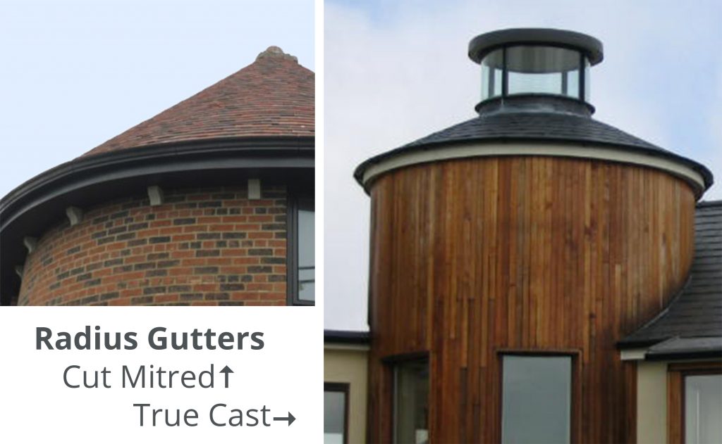 Image 4. Cut Mitred Radius Gutter vs True Cast Radius Gutter - direct comparison