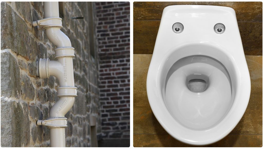 On the left: Pearl White SimpleFIT cast ion soil pipes in situ - This time showing the pipe going throught the outside wall and presumably into a WC in the room inside the building.
On the right: an image of a WC looking abit like a happy face