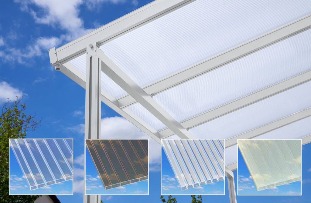 Example shown in main image above: White aluminium frame and opal white polycarbonate roof – then inset from left:  clear vinyl, bronze vinyl, white stripe polycarbonate and ‘Clima’ blue (reduces heat transference by 75%)