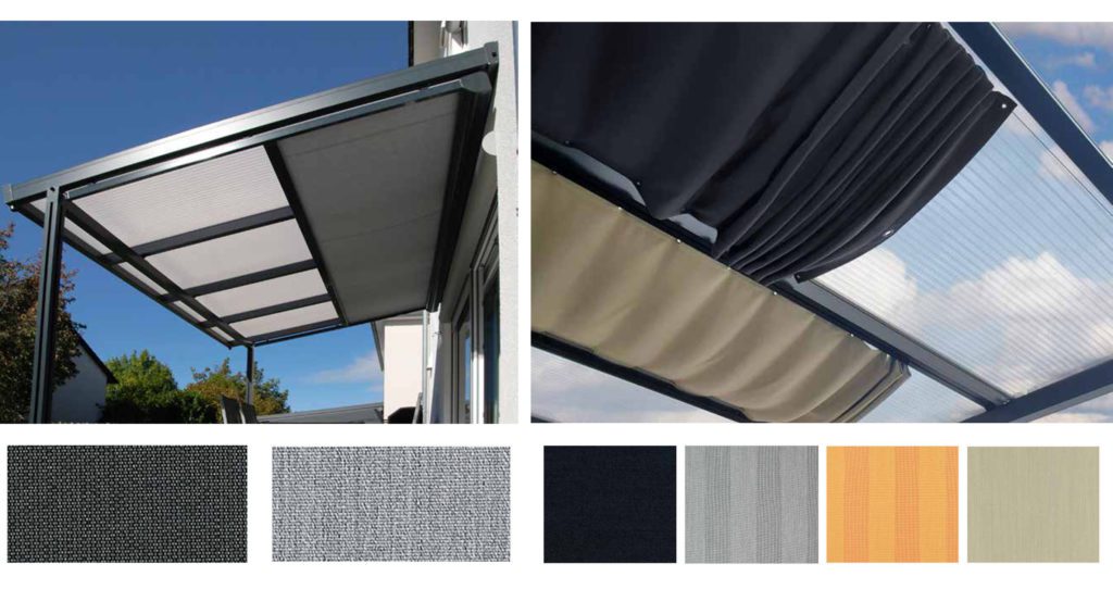 The motorised or manual acrylic-fabric ‘blind’ in graphite or light grey colours; above right: The pull-cord-closure fabric ‘sail’ blinds in graphite, anthracite, orange, or stone colours.