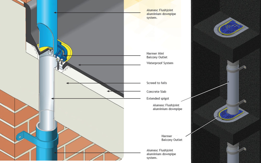 Ilustration of Harmer balcony outlets and flushjoint downpies in use in a multi-balcony situation