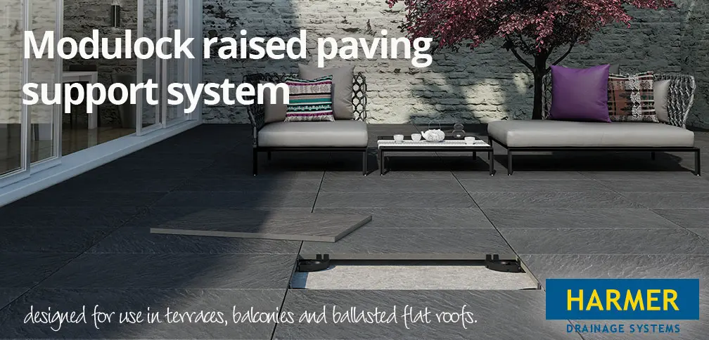 Modulock - the raised paving support system from Harmer grey paving roof terrace or courtyard