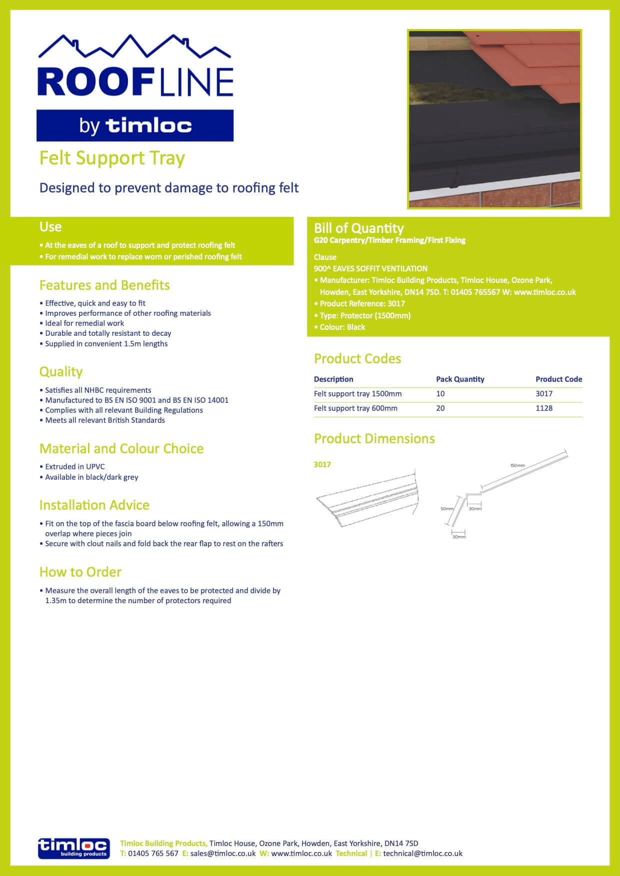Timloc Building Products Datasheet - Felt Support Tray