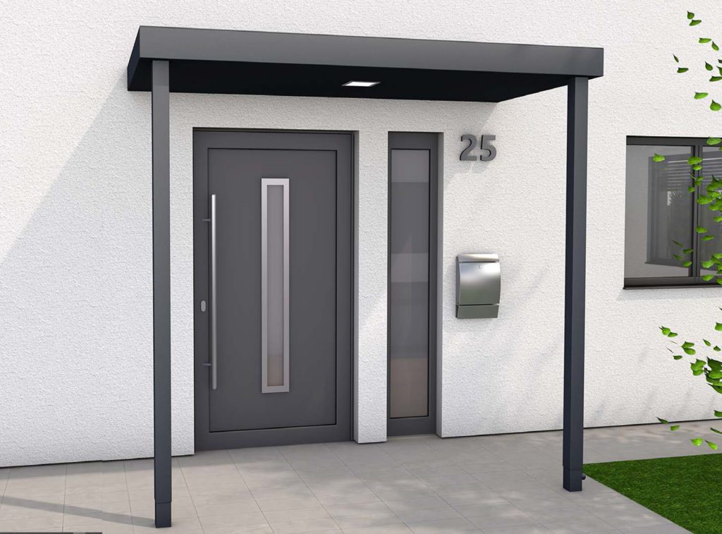 Image 1. Aluminium door canopy with deeper 125mm projection and two posts at the front.