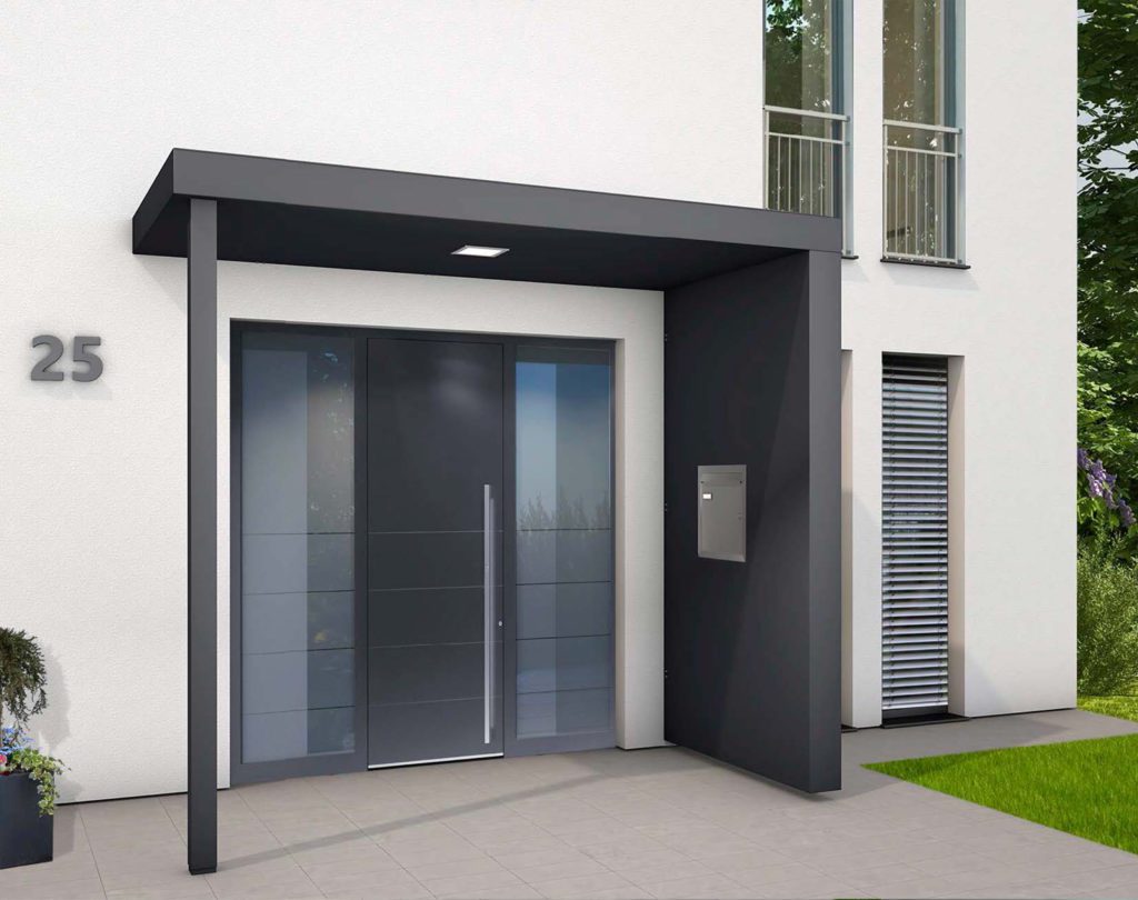 Image 3. Aluminium door canopy with one post and a side panel (with integral letterbox), instead of a second post.