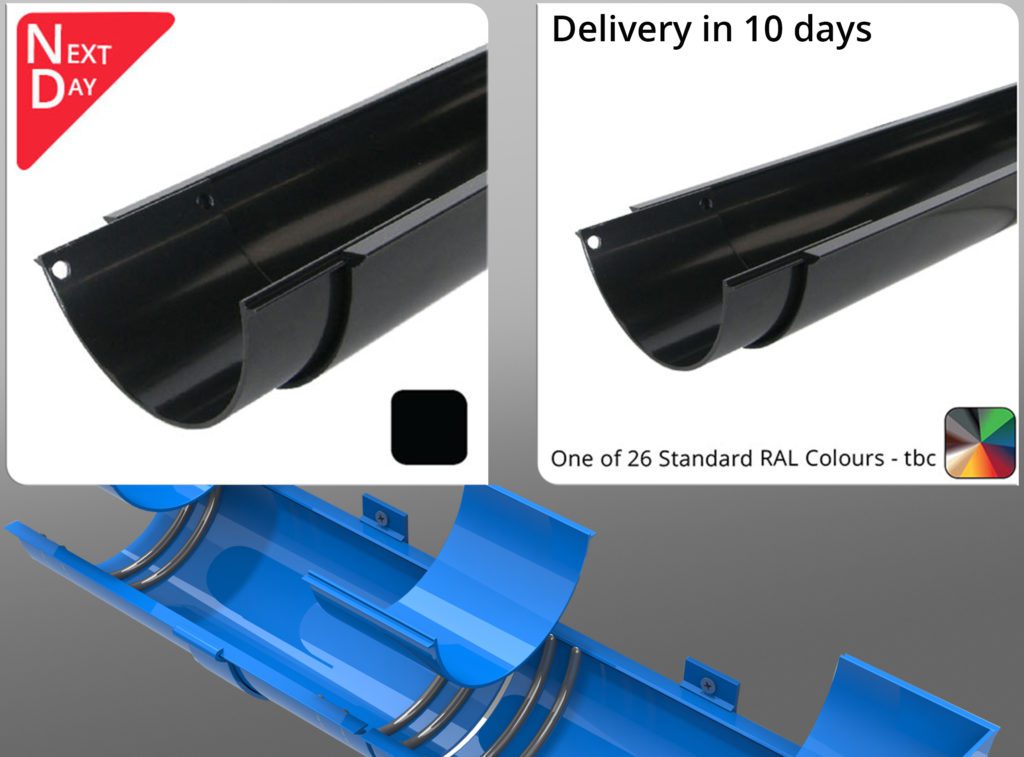 A montage of the new AX Snapfix gutters in matt black and 'one of 26 RAL colours tbc', and a CAD image of the new easier fixing method