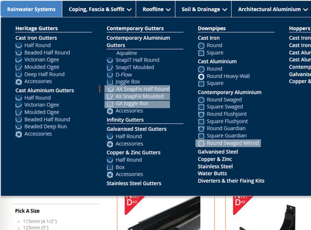 A screeen shot of the menu shighlighting three additional new gutter profiles and one additional new round downpipe choice available