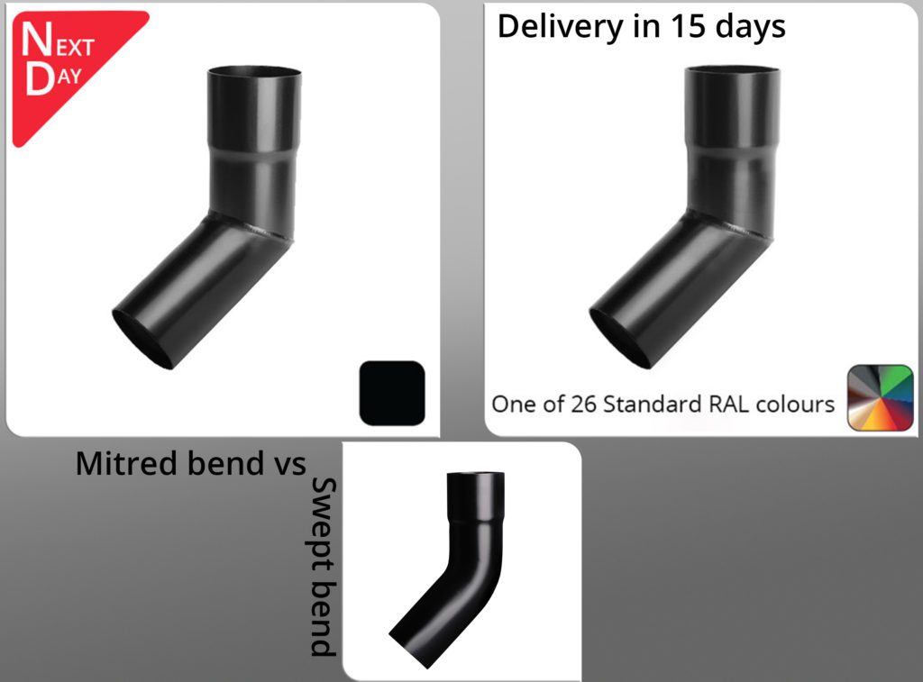 A montage of mitred bend swaged downpipe 90 degree bends in matt black and 'on fo 26 RAL colours tbc, and an example of the swept bend swaged round downpipe alternative