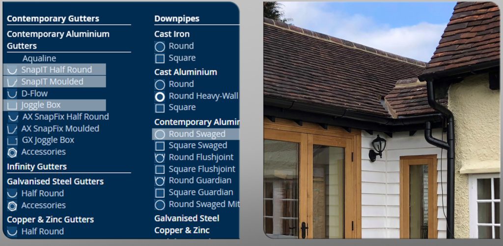 A screen shot of the website navigation menu wiht eh alternative contemporary aluminium prpducts highlighted, and nother example of the swept bends this tim in situ on a timber framed, timber clad extention to a older style property