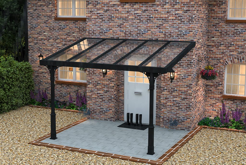 Image  3. 4x3m Heritage Veranda (with Victorian style posts) in black with laminated glass roof panels