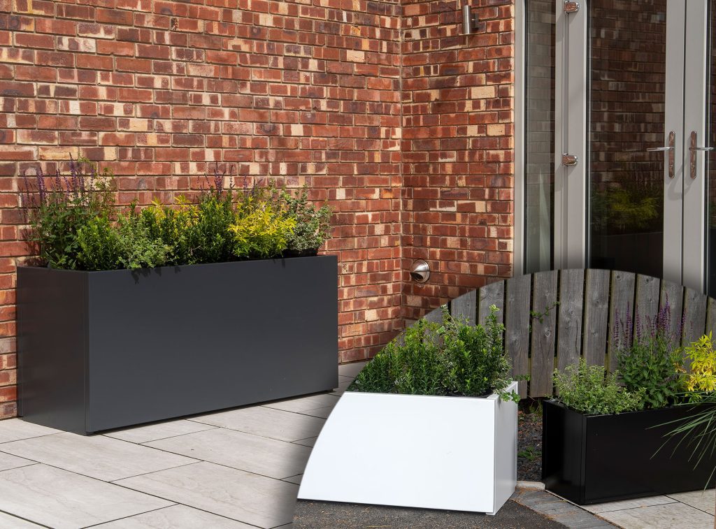 NEW Skyline Aluminium Planters - image shows Anthracite grey, white and black colours, 3 different sizes, and illustrates  the two side panels of Skyline giving 20mm clearance at the base for drainage and "an attractive shadow line at the base of the planter.”