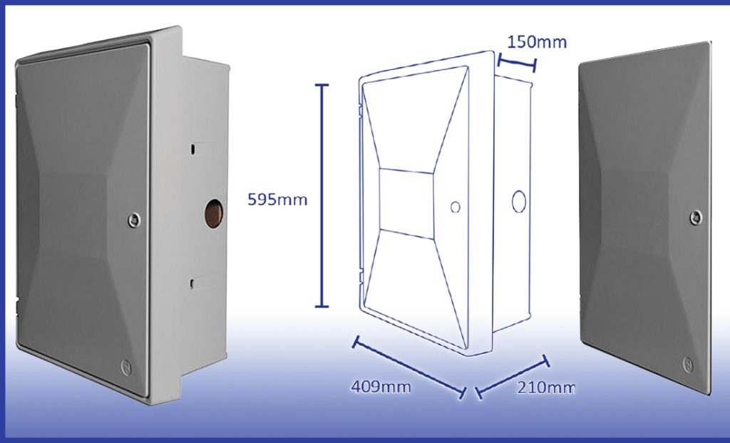 Image  2. Electric Meter Box Recessed (SKU: 30011), 30011 dims and replacement door (SKU: 30008).