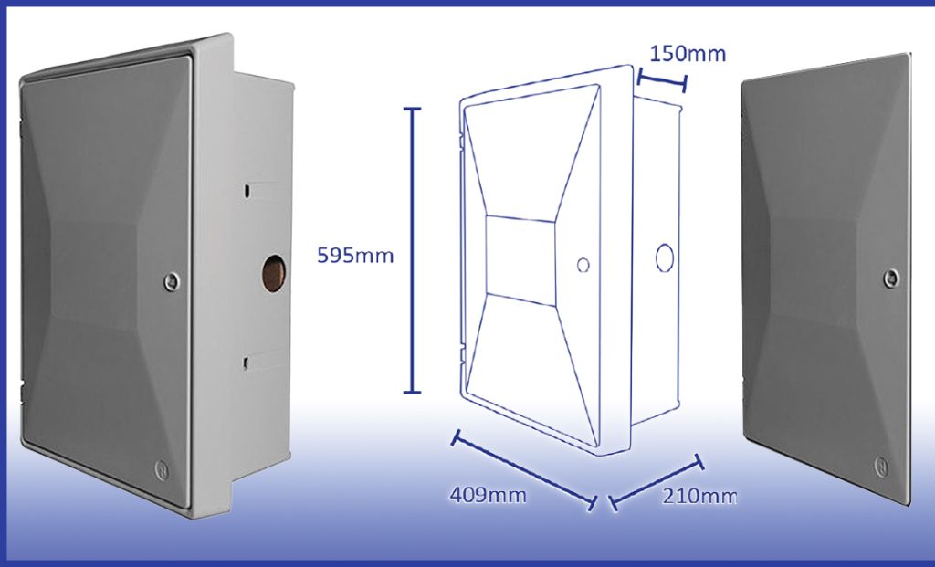 Shows the Electric Meter Box Recessed (SKU: 30011), 30011 dims and then the replacement door (SKU: 30008). Image 2. Electric Meter Box Recessed (SKU: 30011), 30011 dims and replacement door (SKU: 30008).