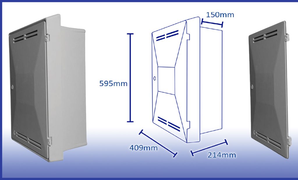 Shows the Gas Meter Box - Recessed (SKU: 30013), 30013 dims and replacement door (SKU: 30014). Image 4. Gas Meter Box - Recessed (SKU: 30013), 30013 dims and replacement door (SKU: 30014).