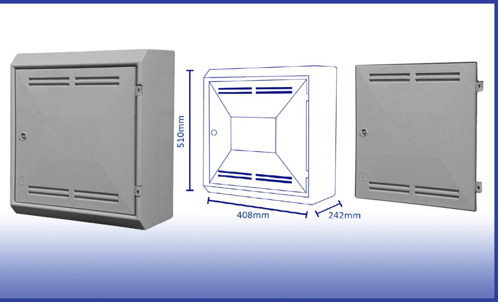 Shows the Gas Meter Box - Surface Mounted (SKU: 30015), 30015 dims and replacement door (SKU: 30016). Image 5. Gas Meter Box - Surface Mounted (SKU: 30015), 30015 dims and replacement door (SKU: 30016).